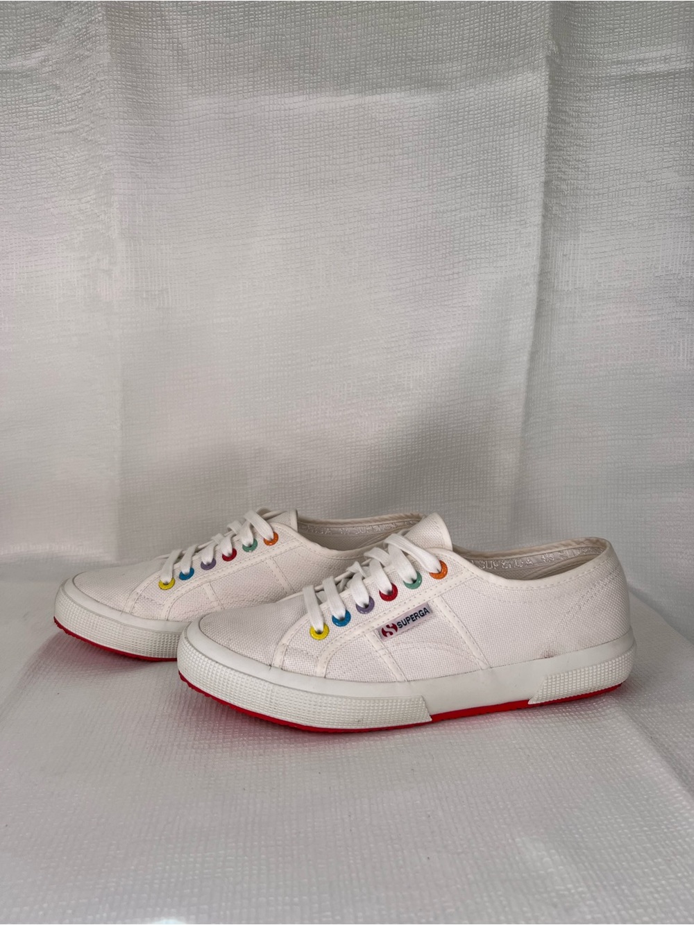 Superga White Canvas Sneakers with Rainbow Eyelets and Red Outsole